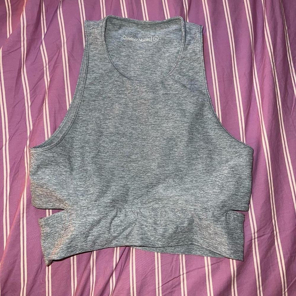 Outdoor Voices slashback crop top, blue quartz